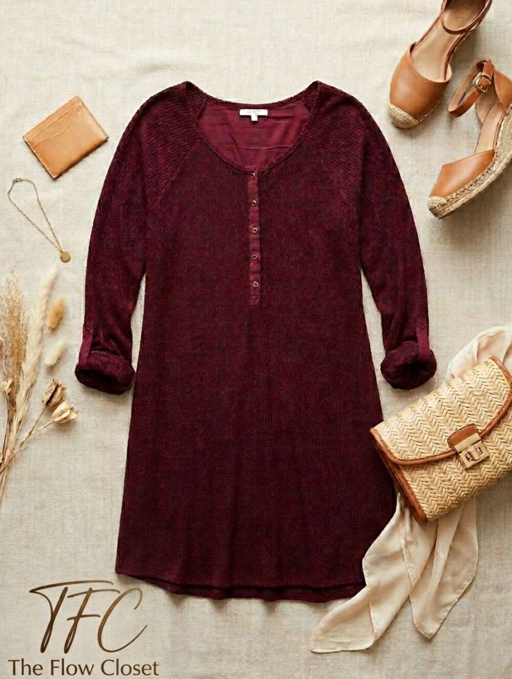 Z Supply Burgundy Ribbed Thermal Henley Mini Dress Long Sleeve Large Comfy Chic